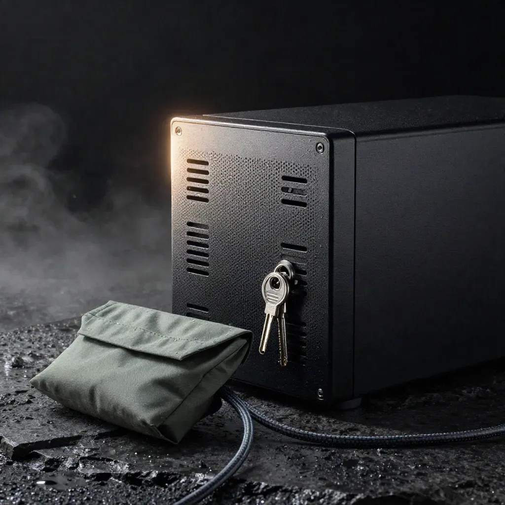 Rack-mount email security gateway with keys, pouch and cables on rain-dark stone after a storm.