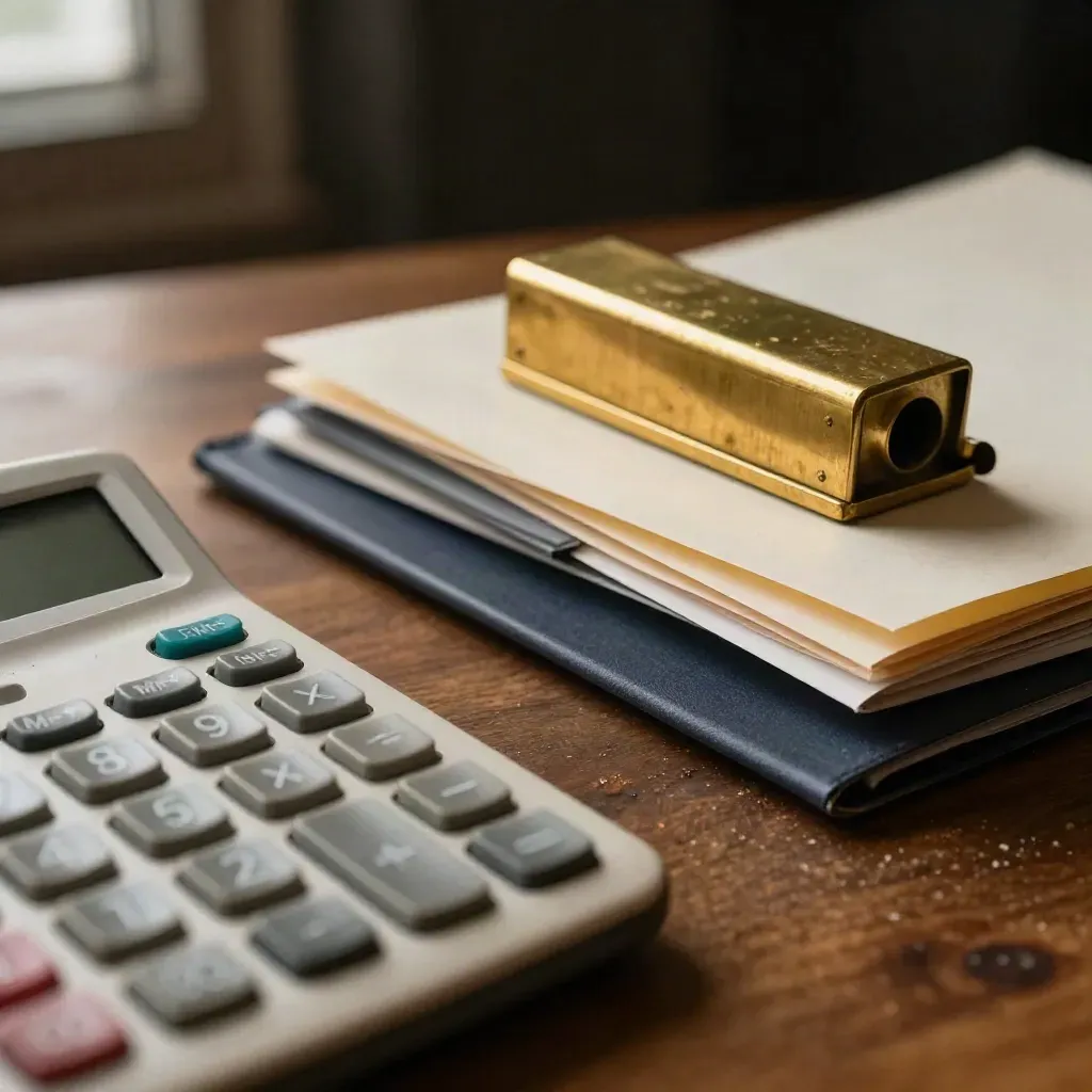 Macro still life of calculator, brass paperweight and folder tabs on a warm walnut tax desk.