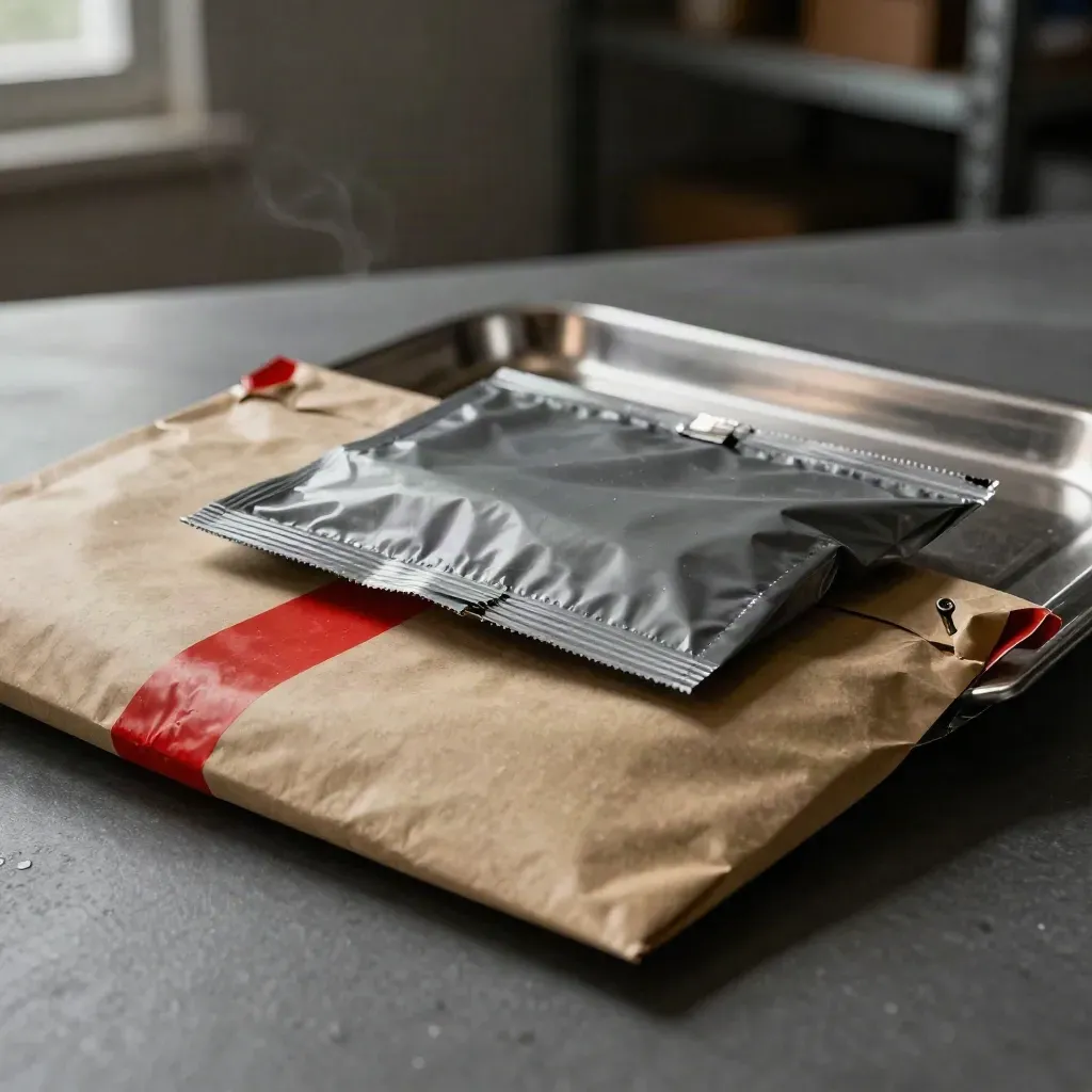 Sealed evidence envelope, anti-static bag and stainless tray divider in dramatic quarantine still life.