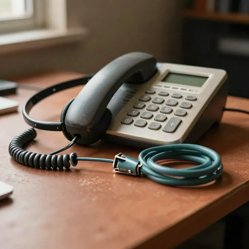 Headset cradle, desk phone and cable clips on a warm support workbench with blurred foreground cable.